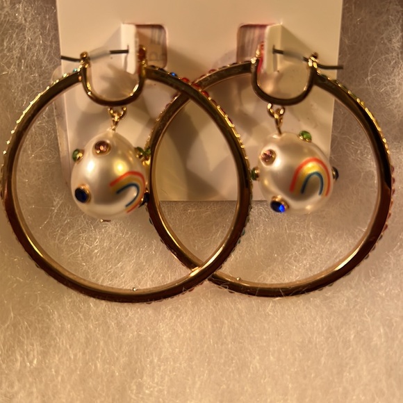 Betsey Johnson Rainbow Multi-Color Stones Snap Bar Close Hoop Earrings - Picture 3 of 10